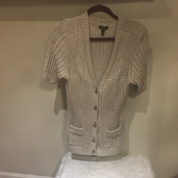 Escada tan cardigan with gold metal sheen, and golden acrylic signature button - Picture 2 of 7